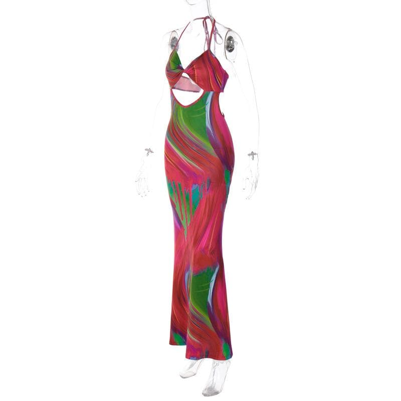 Halter Twist Front Bust Diamond Cutout Abstract Marble Print Maxi Dress