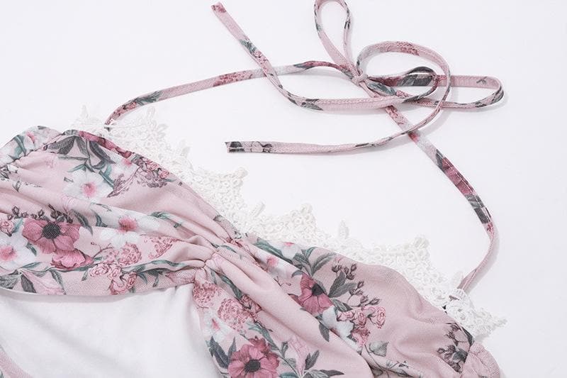 Halter Floral Print Lace Trim Midriff Cutout Ruffle Hem Mini Dress and Lace Arm Sleeves Set