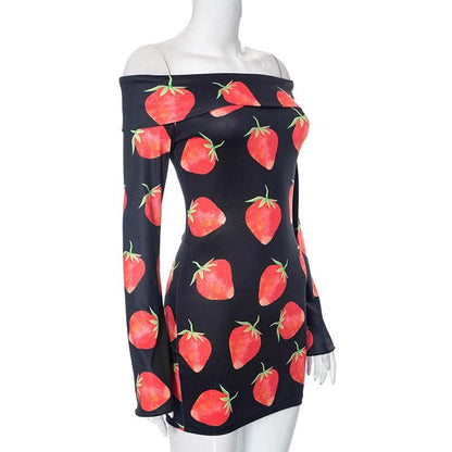 Strawberry Print Off Shoulder Flared Cuff Long Sleeve Bodycon Mini Dress
