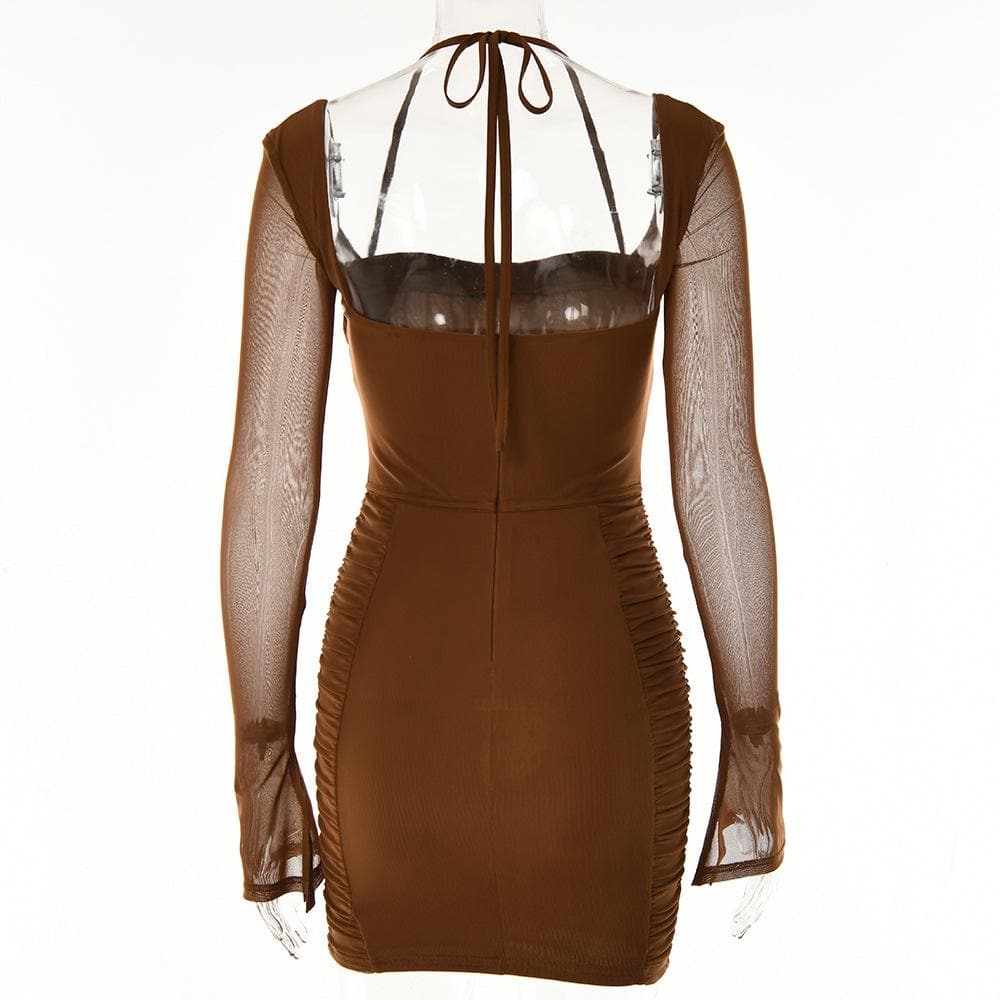 Square Neck Halter Tie Corset Bodice Bell Sleeve Side Ruched Bodycon Mini Dress