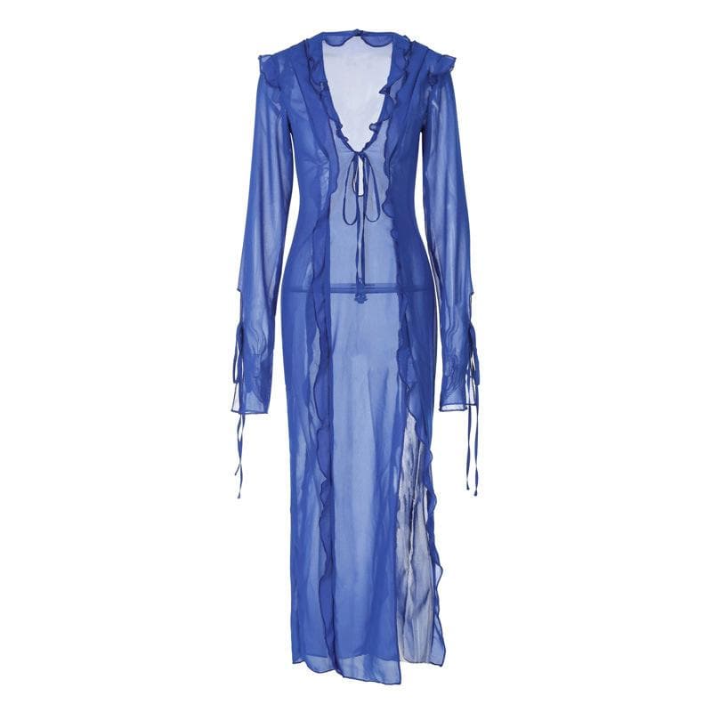 Sheer Chiffon Ruffle Trim Tie Front V-Neck Long Sleeve High Slit Maxi Dress