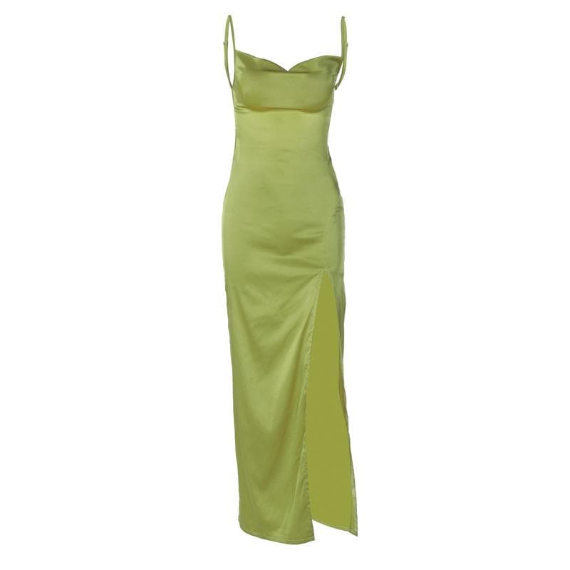 Spaghetti Strap Cowl Neck Side Slit Satin Cami Maxi Dress