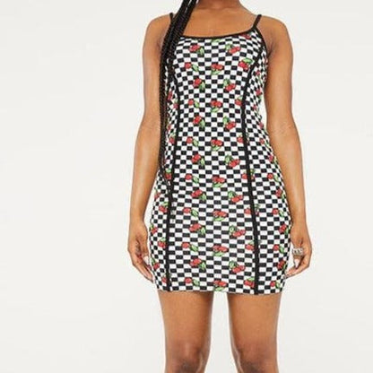 Spaghetti Strap Gingham Print Paneled Bodycon Mini Dress