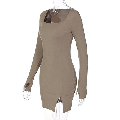 Square Neck Long Sleeve Thumbhole Side Slit Bodycon Mini Dress
