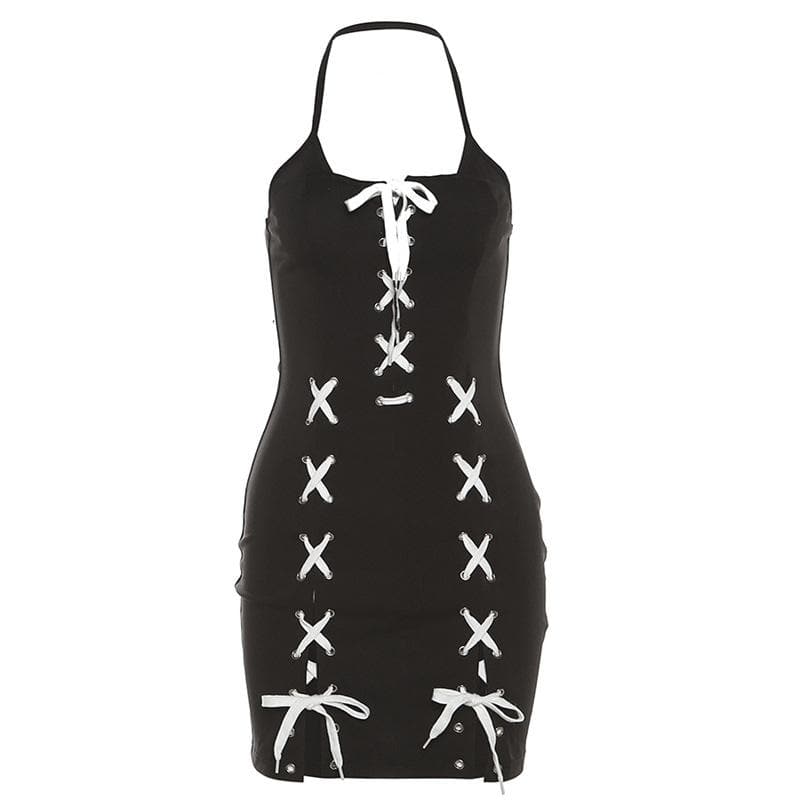 Halter Lace-Up Contrast Panel Slit Mini Dress