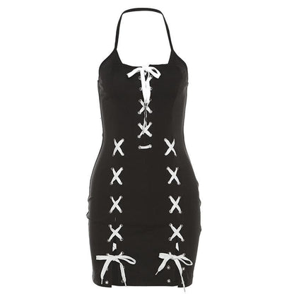 Halter Lace-Up Contrast Panel Slit Mini Dress