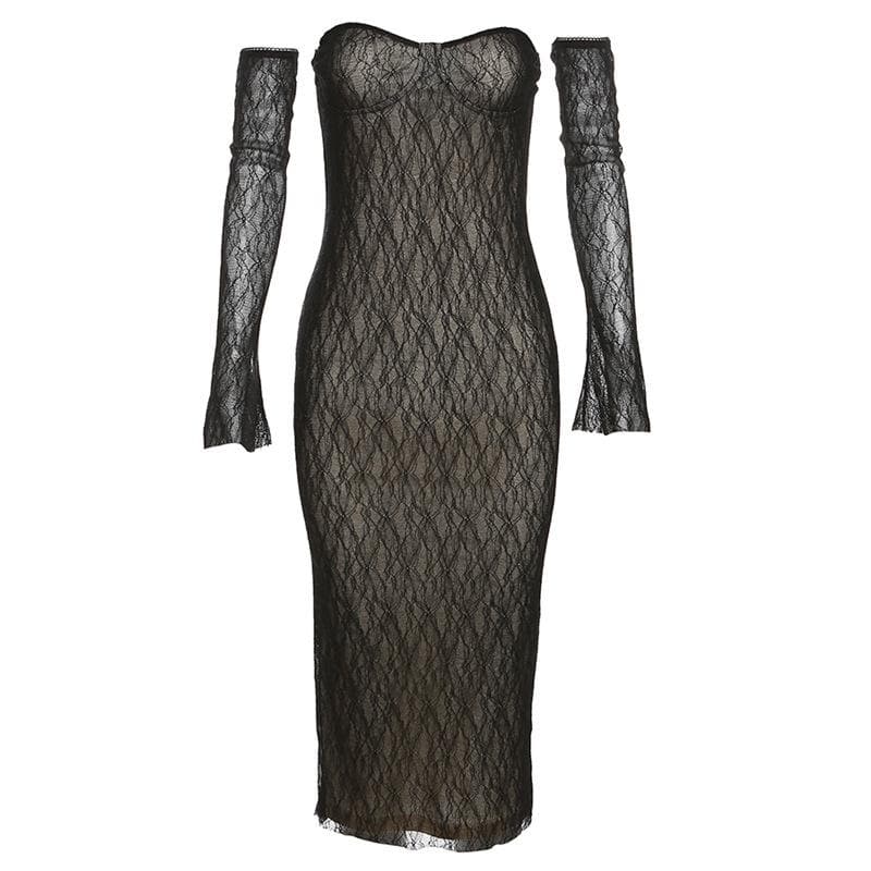 Sweetheart Neck Lace Bustier Tube Midi Dress and Lace Arm Sleeves Set