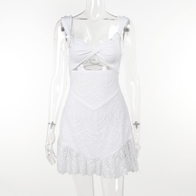 Tie Shoulder Lace Bodice Cutout Lace-Up Medallion Lace Mini Dress