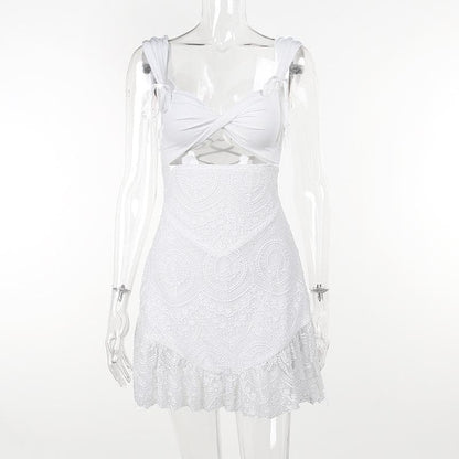 Tie Shoulder Lace Bodice Cutout Lace-Up Medallion Lace Mini Dress