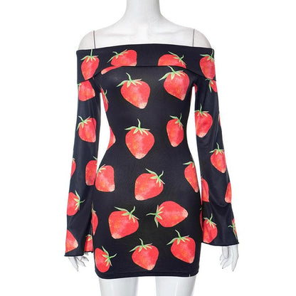 Strawberry Print Off Shoulder Flared Cuff Long Sleeve Bodycon Mini Dress