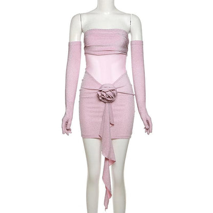 Strapless Glitter Mesh Flower Applique Ruched Ruffle Hem Tube Mini Dress with Opera Gloves
