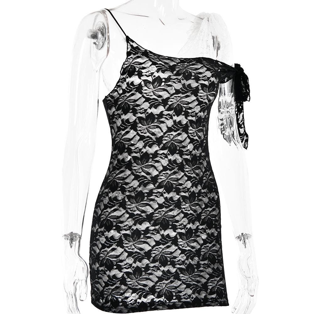 Asymmetric Lace Bow Strap Contrast Lace Bodycon Mini Dress