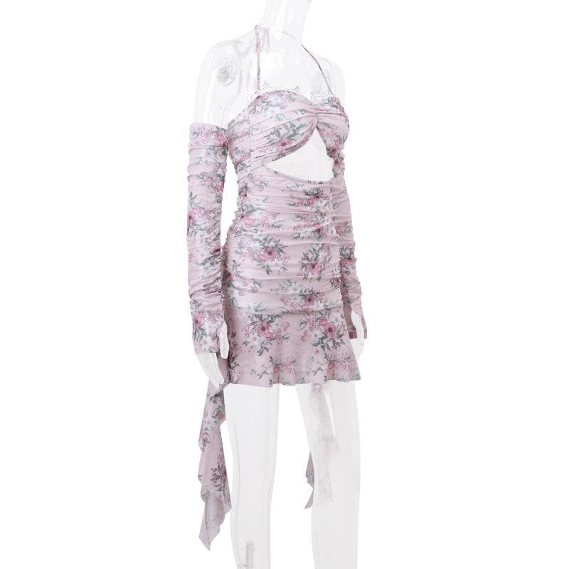 Halter Floral Print Lace Trim Midriff Cutout Ruffle Hem Mini Dress and Lace Arm Sleeves Set