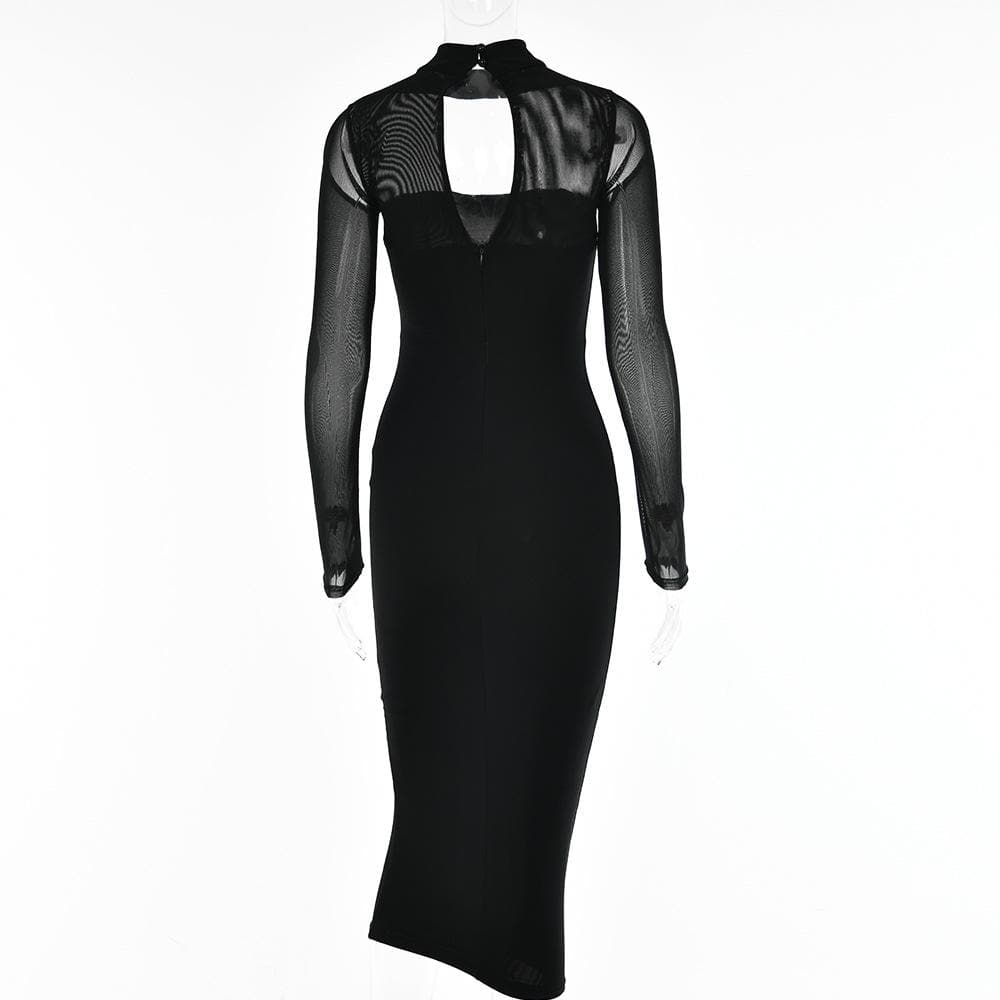 Choker Neck Chest Cutout Mesh Sleeve Zip Up Bodycon Midi Dress