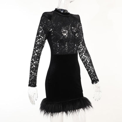 Mock Neck Floral Lace Long Sleeve Velvet Skirt Feather Trim Mini Dress