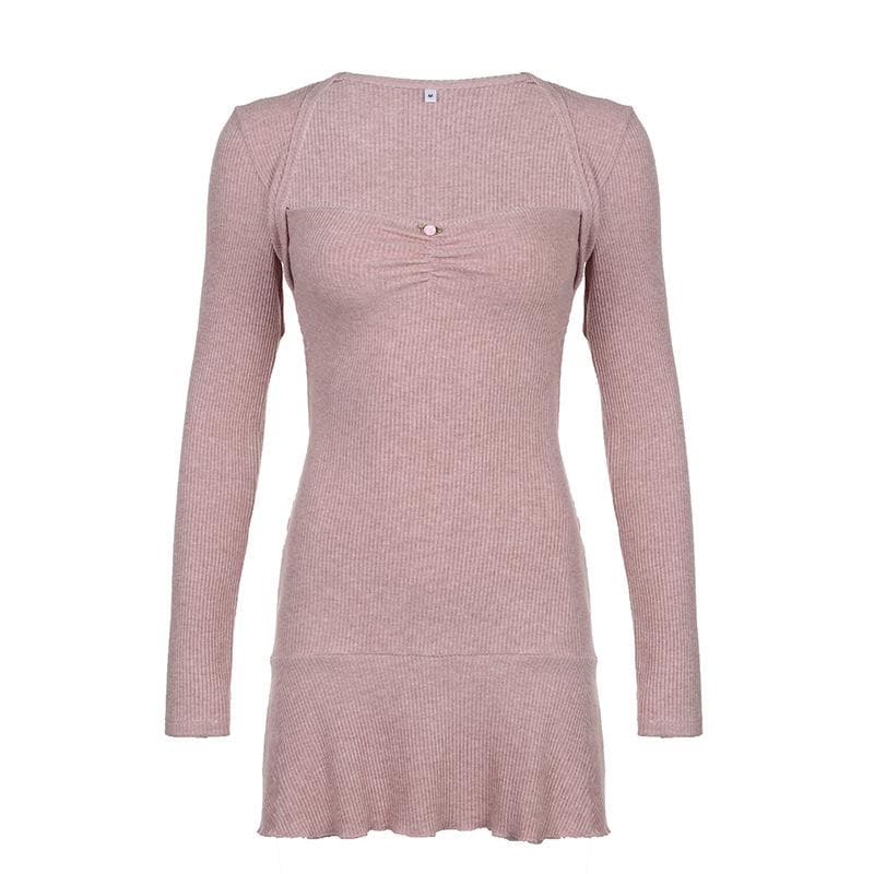 Sweetheart Neck Ribbed Knit Ruffle Shrug Long Sleeve Tube Mini Dress