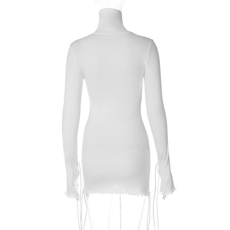 Mock Neck Long Sleeve Drawstring Cuff Tassel Trim Bodycon Mini Dress