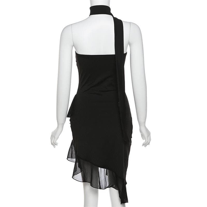 Choker Neck Asymmetric Cutout Sheer Ruffle Hem Bodycon Mini Dress