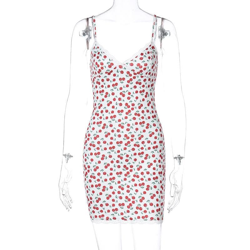 Sweetheart Lace Trim Print Spaghetti Strap Bodycon Mini Dress