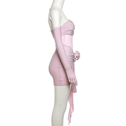 Strapless Glitter Mesh Flower Applique Ruched Ruffle Hem Tube Mini Dress with Opera Gloves