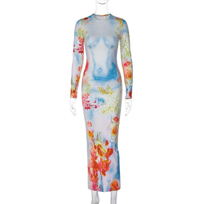 Crew Neck Trompe L Oeil Anatomical Torso Abstract Floral Maxi Dress