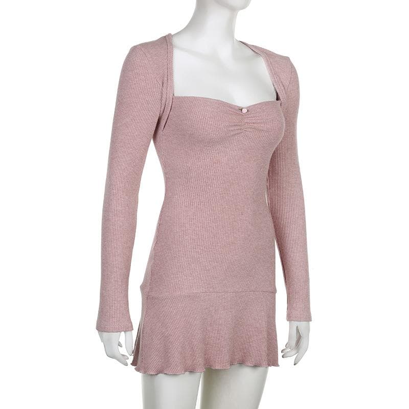 Sweetheart Neck Ribbed Knit Ruffle Shrug Long Sleeve Tube Mini Dress