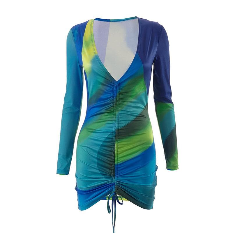 Deep V Neck Front Ruching Drawstring Tie Abstract Print Mini Dress