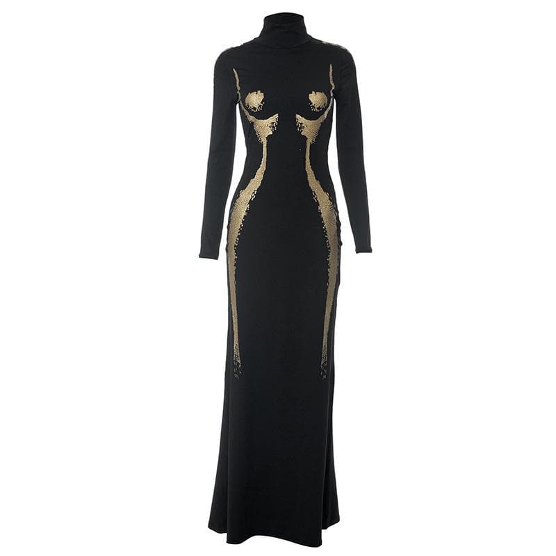 Mock Neck Long Sleeve Body Silhouette Graphic Mermaid Maxi Dress