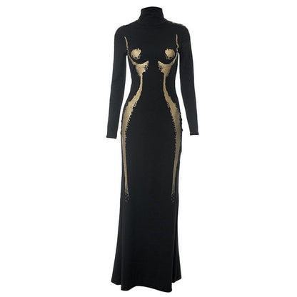 Mock Neck Long Sleeve Body Silhouette Graphic Mermaid Maxi Dress