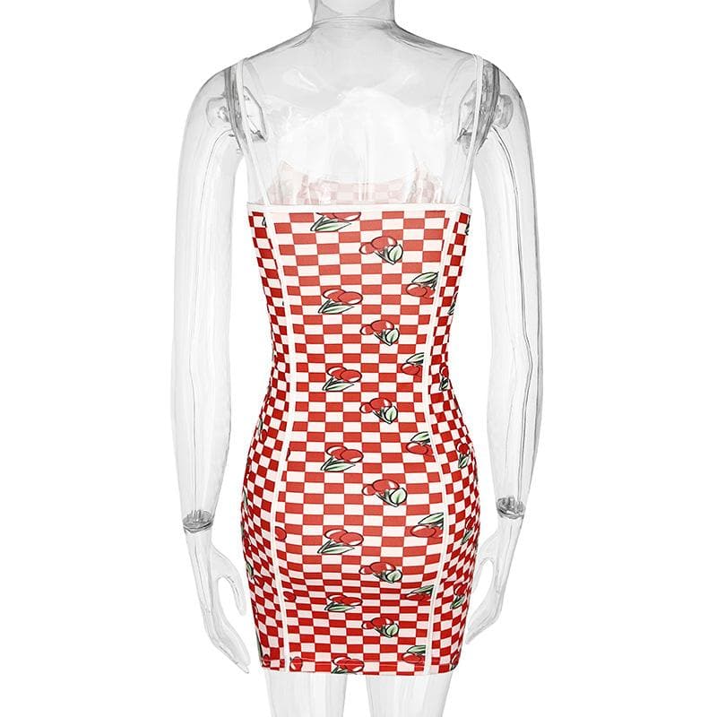 Spaghetti Strap Gingham Print Paneled Bodycon Mini Dress