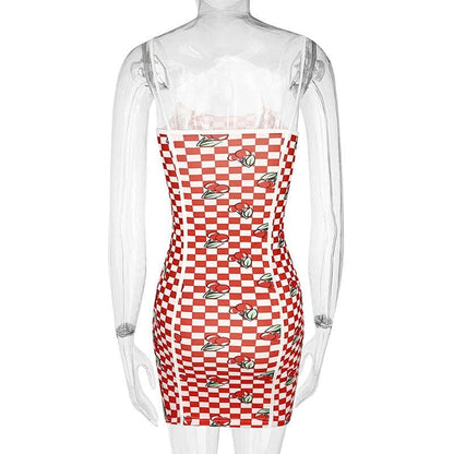 Spaghetti Strap Gingham Print Paneled Bodycon Mini Dress