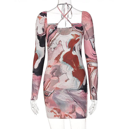 Marble Print Square Neck Halter Tie Long Sleeve Mini Dress