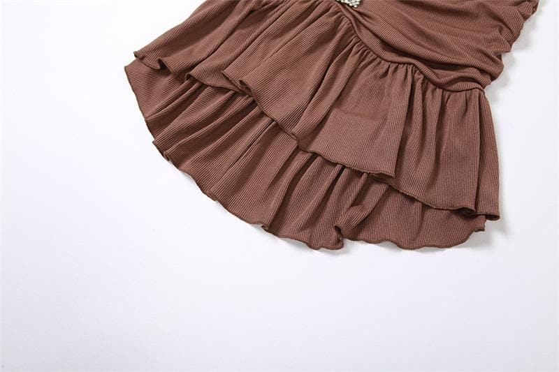 Rhinestone Buckle Ruched Rib Knit Ruffle Hem Tube Mini Dress