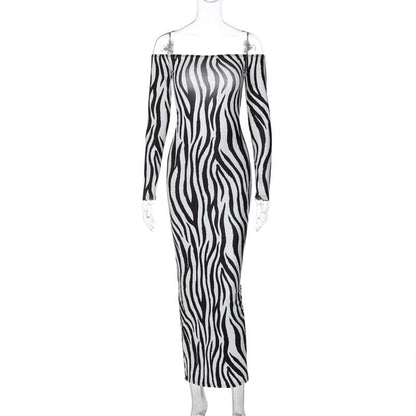 Off Shoulder Long Sleeve Zebra Print Bodycon Maxi Dress