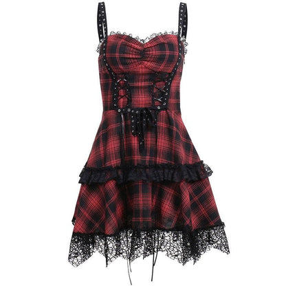 Plaid Corset Lace Up Grommet Tiered Lace Hem Mini Dress