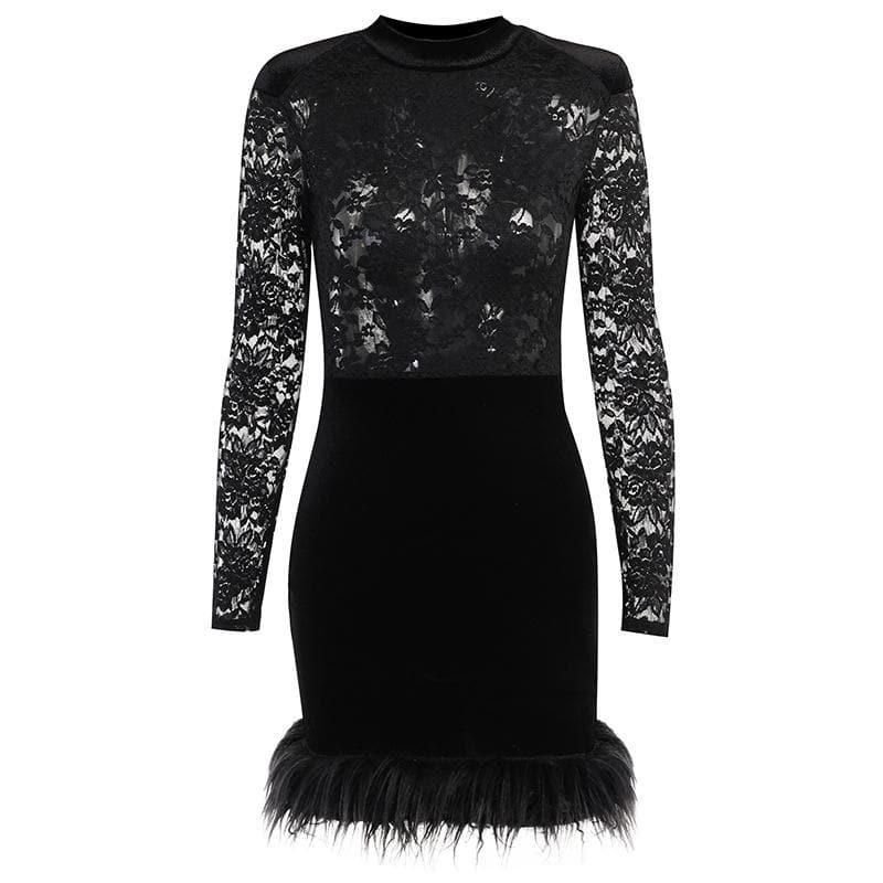 Mock Neck Floral Lace Long Sleeve Velvet Skirt Feather Trim Mini Dress