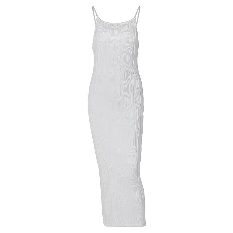 Square Neck Spaghetti Strap Wave Texture Bodycon Midi Dress