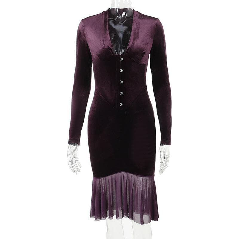 Velvet Hook And Eye Corset Ruffle Hem Long Sleeve Midi Dress