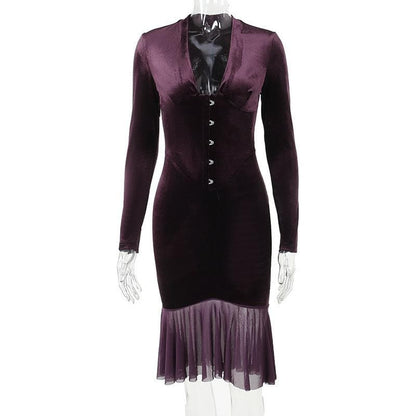 Velvet Hook And Eye Corset Ruffle Hem Long Sleeve Midi Dress