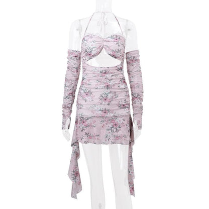 Halter Floral Print Lace Trim Midriff Cutout Ruffle Hem Mini Dress and Lace Arm Sleeves Set