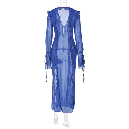 Sheer Chiffon Ruffle Trim Tie Front V-Neck Long Sleeve High Slit Maxi Dress