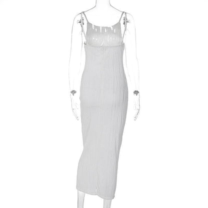 Square Neck Spaghetti Strap Wave Texture Bodycon Midi Dress