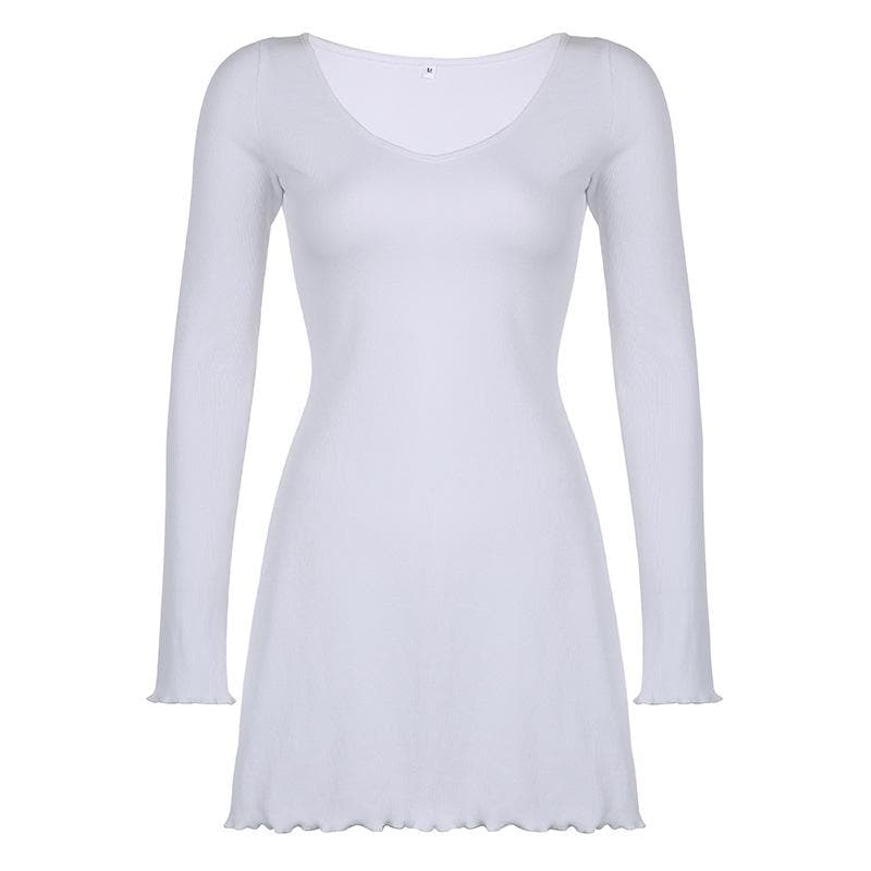 Rib Knit Scoop Neck Long Sleeve Lettuce Hem Ruffle Mini Dress