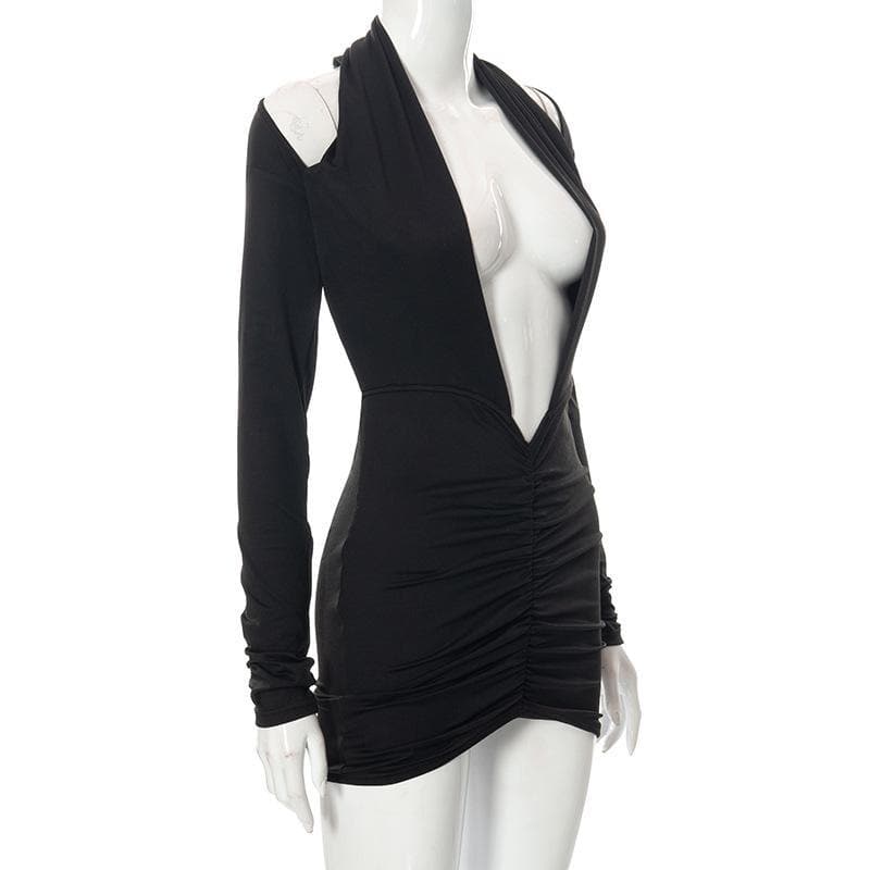 Deep V Neck Cold Shoulder Long Sleeve Ruched Bodycon Mini Dress