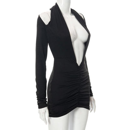 Deep V Neck Cold Shoulder Long Sleeve Ruched Bodycon Mini Dress