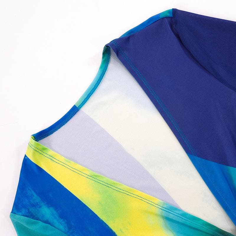 Deep V Neck Front Ruching Drawstring Tie Abstract Print Mini Dress