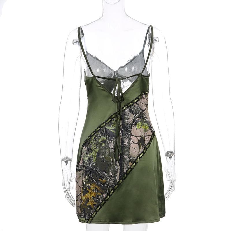 Lace Panel Ribbon Lace-Up Woodland Print Spaghetti Strap Cami Mini Dress