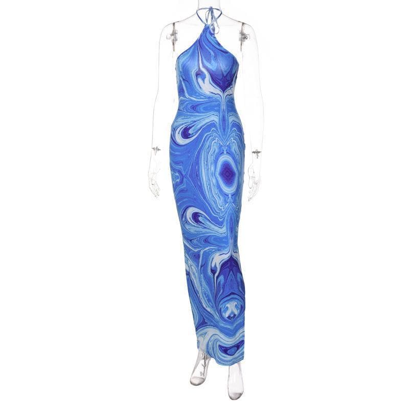 Halter Tie Back Swirl Marble Print Bodycon Maxi Dress