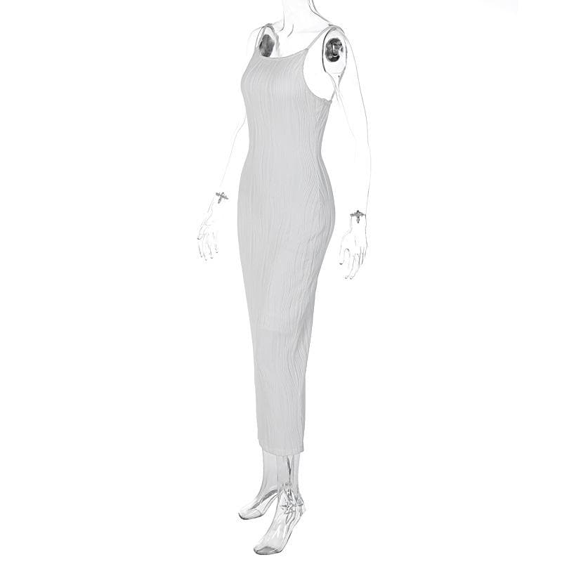 Square Neck Spaghetti Strap Wave Texture Bodycon Midi Dress