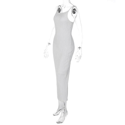 Square Neck Spaghetti Strap Wave Texture Bodycon Midi Dress